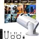 Mini projector, with wired screen sync 4K 1080P portable projector 180 rotation. 17-130" screen video projector. Compatible with smartphones, laptops.