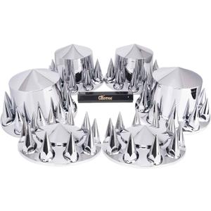 Complete Chrome Wheel Cover Set, 33mm Lug Nut Covers for Semi Trucks, Pointed & Screw On, 2 Front and 4 Rear Axle Wheel Covers w/Removable Hub Caps (Installation Tool Included) (Point Top, Screw On)