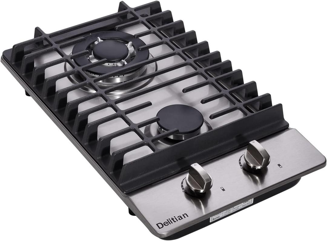 12 Inch Gas Cooktop, Built-in Stainless Steel 2 Burners Gas Stove Top LPG/NG Convertible Gas Cooktop Dual Fuel Gas Hob for RVs, Apartments, Outdoor DT223-01