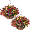 HyeFlora 2 Set Artificial Outdoor Flowers Hanging Basket, Faux Hanging Plants for Outside Spring Decoration, Fake Silk UV Resistant Look Real Daisy for Porch Patio Home Decor