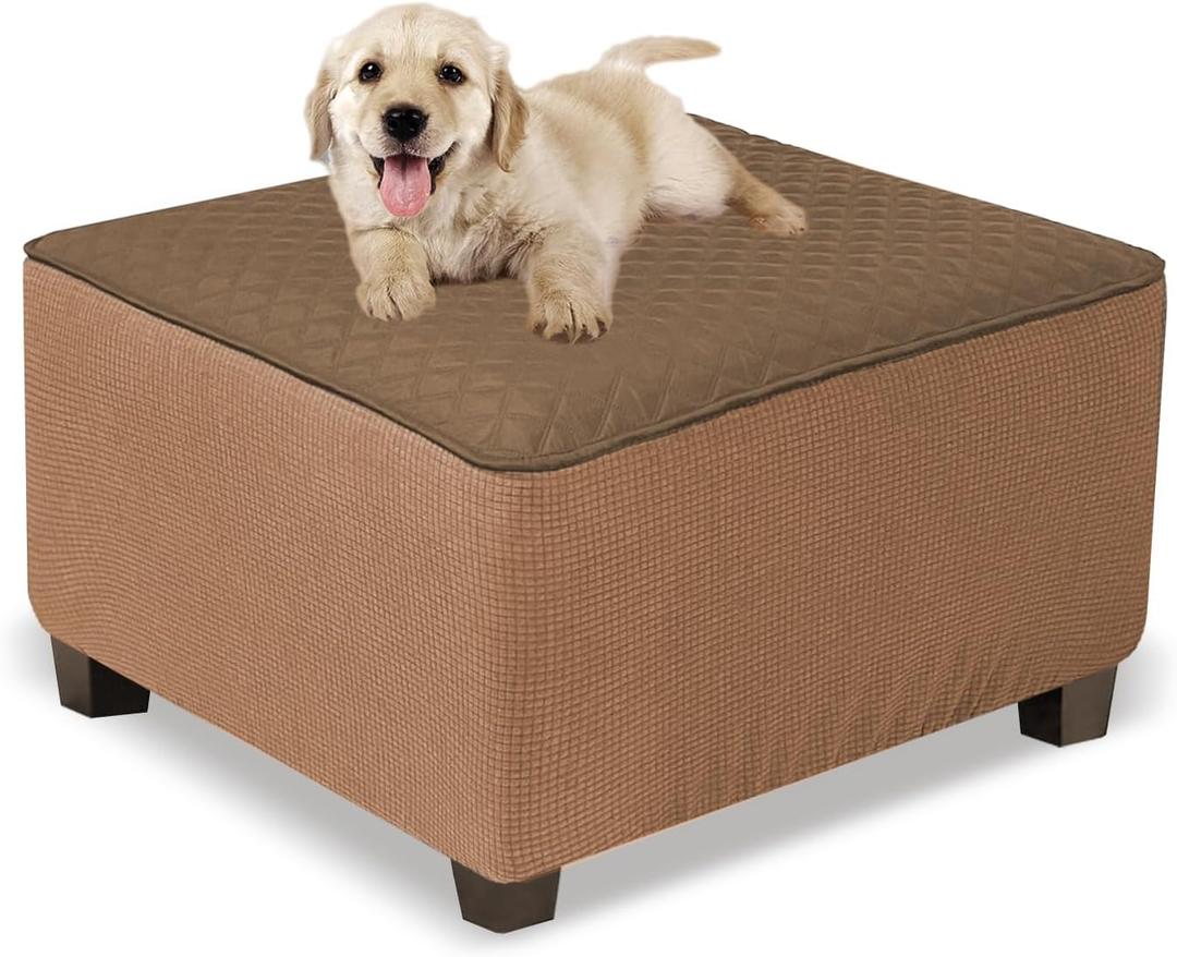 NeColorLife Ottoman Cover Square Waterproof Ottoman Slipcover Thick Storage Footrest Stool Covers Furniture Protector for Pets,Kids(Medium Size,Brown) (Brown & Light Coffee)