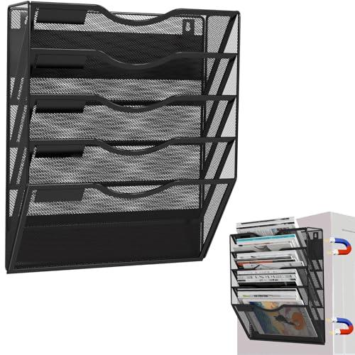 LQPAFZ 5-Tier Magnetic File Holder, No Drilling Installation File Cabinet Organizer, Black Magnetic File Organizer, Magazine Rack, Magnetic Paper Holder for Refrigerator, File Cabinets, Whiteboard