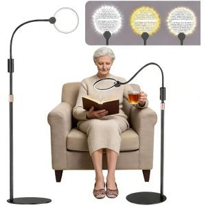 10X Floor Magnifying Glass with Light and Stand,360 Flexible Gooseneck Floor Magnifying Lamp,3 Light Modes,Height Adjustable,Hands Free Magnifier for Reading,Close Work,Craft,Sewing for Seniors