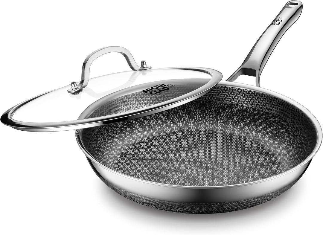Non Stick Frying Pans,Hybrid 12 inch Frying Pans Nonstick with Lid,PFOA Free Cookware,non stick Stainless Steel Skillets,Dishwasher and Oven Safe, Works on Induction,Ceramic and Gas Cooktops