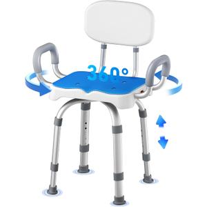 KingPavonini Swivel Shower Chair with Arms and Back, 550 lbs Heavy-Duty Shower Chair for Inside Shower Stall and Tub, Anti-Slip M-Shaped Seat & Height Adjustable Shower Seat for Elderly and Disabled