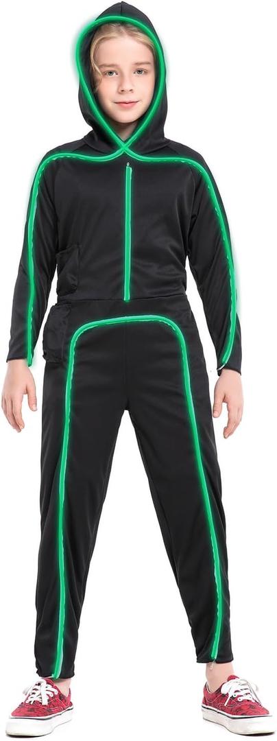 Light Up Stick Figure Costume Kids, Led Stick Man Costumes Child Boys Girls, Halloween Glow in Dark Stickman Cosplay Youth(Green, 16)