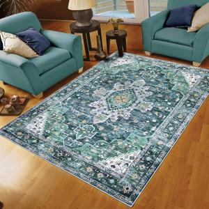 SHACOS 5x7 ft Area Rug for Living Room Machine Washable Non Slip Boho Vintage Low Pile Thin Carpet Soft Throw Rug for Bedroom Kitchen Dining Room Indoor, Teal Blue 5'x7' (5' x 7' (Rectangular))
