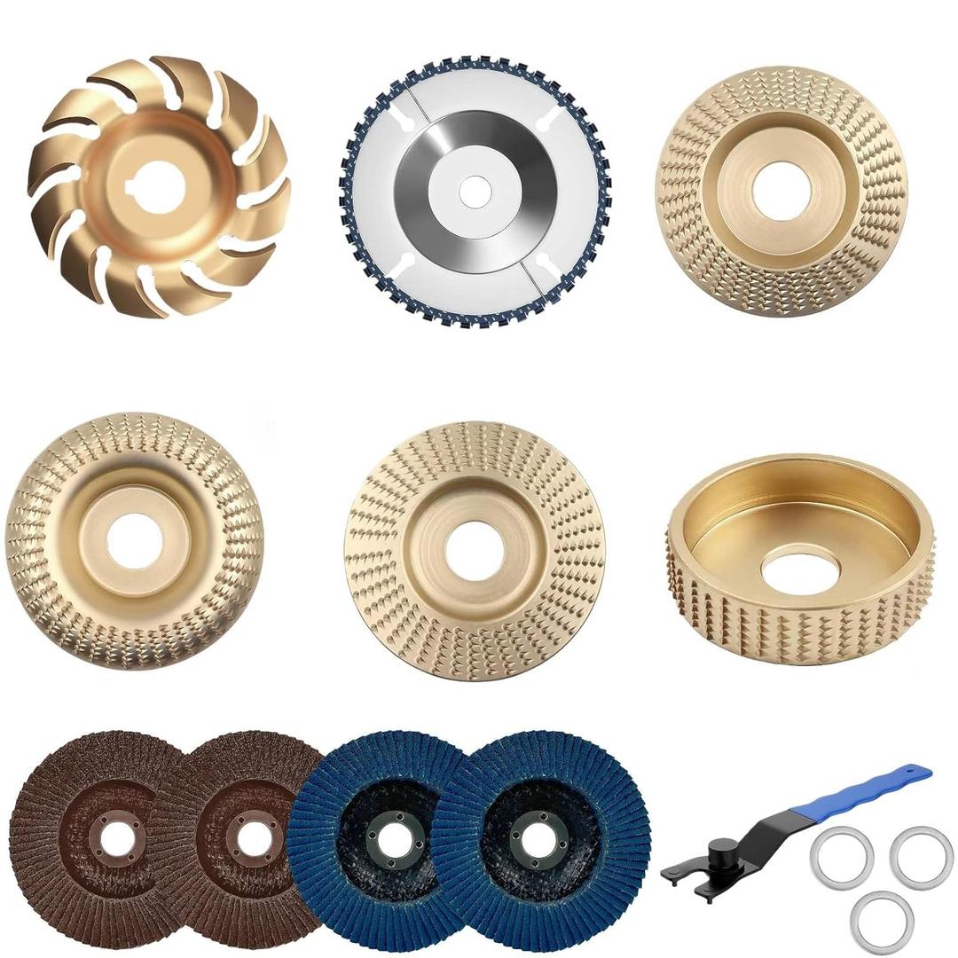 14PCS Wood Carving Disc Set for 4" & 4-1/2" Angle Grinder, Stump Grinder Tool with Flap Sanding Wheels, 5/8" Adapter Rings for Cutting, Shaping, Grinding & Polishing Wood