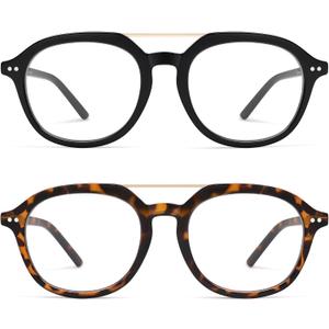 AMOMOMA 2 Pack Retro Aviator Square Reading Glasses for Women Men,Classic Blue Light Computer Womens Readers AM6161 (Ac1.black+c4.tortoise)