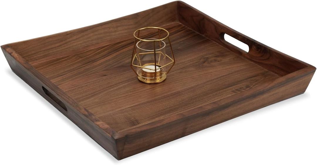 19 x 19 Inches Large Square Curved Black Walnut Wood Ottoman Tray with Handles, Serve Tea, Coffee Classic Wooden Decorative Serving Tray
