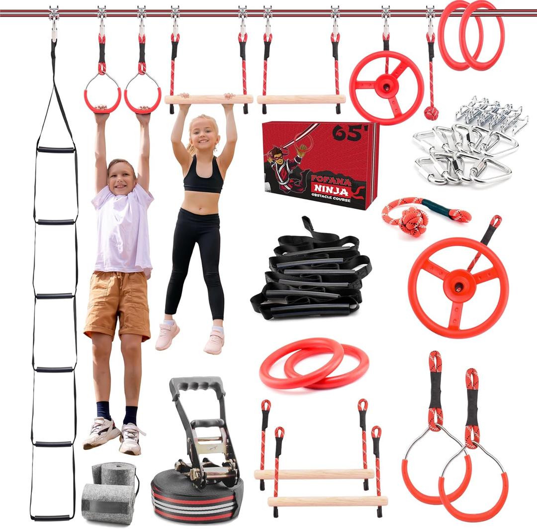 Fofana Ninja Warrior Obstacle Course for Kids  32-Piece Backyard Playset, 9 Fun Training Obstacles, 65 Ft Slackline Kit Accessories - Outside Line Ninja Kids Toys, Outdoor Play Equipment, Jungle Gym