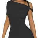 Suillty Women's Sexy Asymmetrical Twist One Shoulder Mini Dress Single Short Sleeve Knot Ruched Bodycon Y2K Party Dresses (Black) X-Small