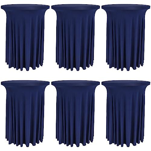 Fivenl 6 Pack Round Cocktail Tablecloth 32"x 43" Spandex Cocktail Table Skirt, Washable Stretch Fitted Table Covers for High Top Bar,Wedding,Party,Events (Navy Blue)