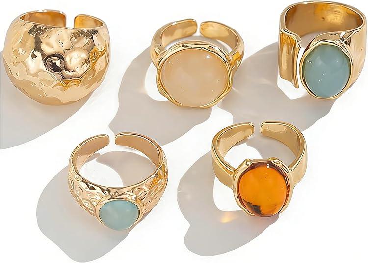 Chunky Gold Rings for Women Dainty Adjustable Non Tarnish Chunky Gemstone Statement Ring Vintage Irregular Open Ring Set Trendy Jewelry for Women