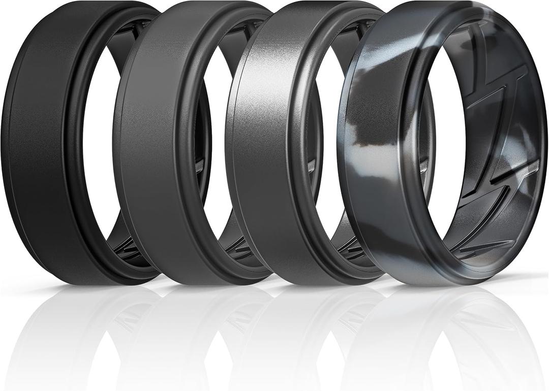 ThunderFit Silicone Wedding Rings for Men Breathable Airflow Inner Grooves, Step Edge Sleek Design Rubber Engagement Bands 8mm Wide 2mm Thick, Variety Multipack 4-7 (13.5 - 14 (22.69mm), Pack A: Charcoal Black, Iron Grey, Metallic Grey, Grey Camo)