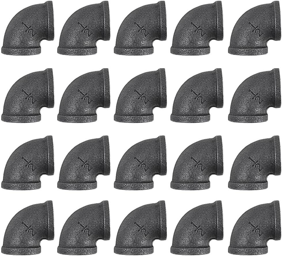 20 Pack 1/2 Inch 90 Degree Black Elbow Threaded Pipe Fittings, Cast Pipe Fittings for DIY Furniture Decorative, Steampunk Industrial Vintage Style.