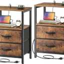 Huuger Nightstands Set of 2, End Tables with Charging Station, Fabric Drawers, Bedside Tables with USB Ports and Outlets, Night Stands for Bedroom, Rustic Brown
