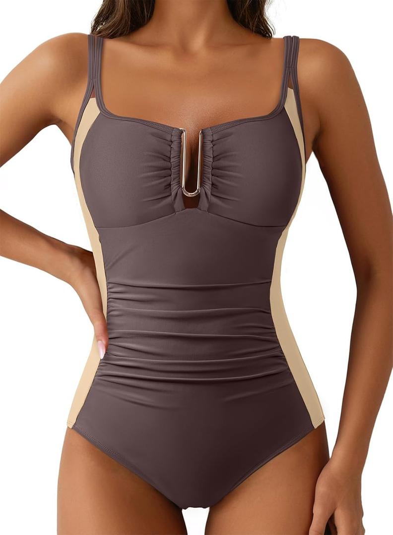 Aleumdr Womens One Piece Swimsuits Tummy Control Bathing Suit U-Wire Cutout Ruched Slimming Swimwear (XX-Large, Dark Brown)
