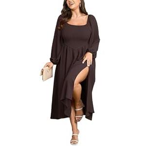 SCOMCHIC Women's Plus Size Fall Dresses Long Sleeve Square Neck Smocked Flowy A-Line Formal Wedding Guest Maxi Dress Brown, Size 3XL