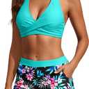 Bikini with Shorts for Women - Halter Two Piece Swimsuits High Waisted Bathing Suits with Pocket 2026 Boyshorts Swimwear, Large 
