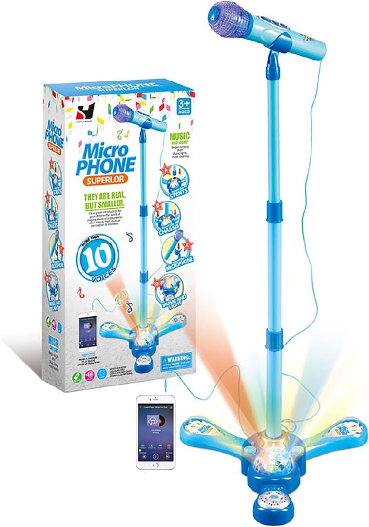 Funvalley Surperfect Kids Karaoke Machine with Adjustable Stand,Kids Microphone Music Sing Along with Flashing Stage Light and Pedals Gift for Kids (Blue)