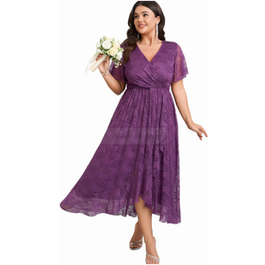 SCOMCHIC Womens Plus Size Wedding Guest Dress Formal Lace Wrap V Neck High Low Short Sleeve Cocktail Maxi Dresses L