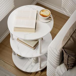 Small Round End Table - 3 Tier Design Accent Table, Narrow Side or Bedside Stand, Industrial Vintage Nightstand for Bedroom, Living Room, or Small Spaces, Marble White (1 Pack)