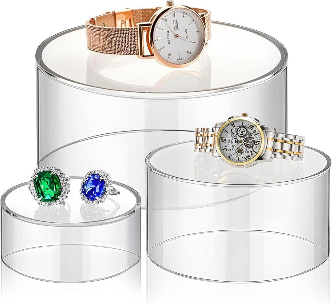 Jucoan Set of 3 Round Acrylic Cylinder Display Stand, 6/5/3.5Inch Small Acrylic Pedestal Stand for Jewelry Perfume Collection Cosmetic, Mini Cupcake Dessert, Nesting Risers Stand with Hollow Bottom for Party Centerpiece