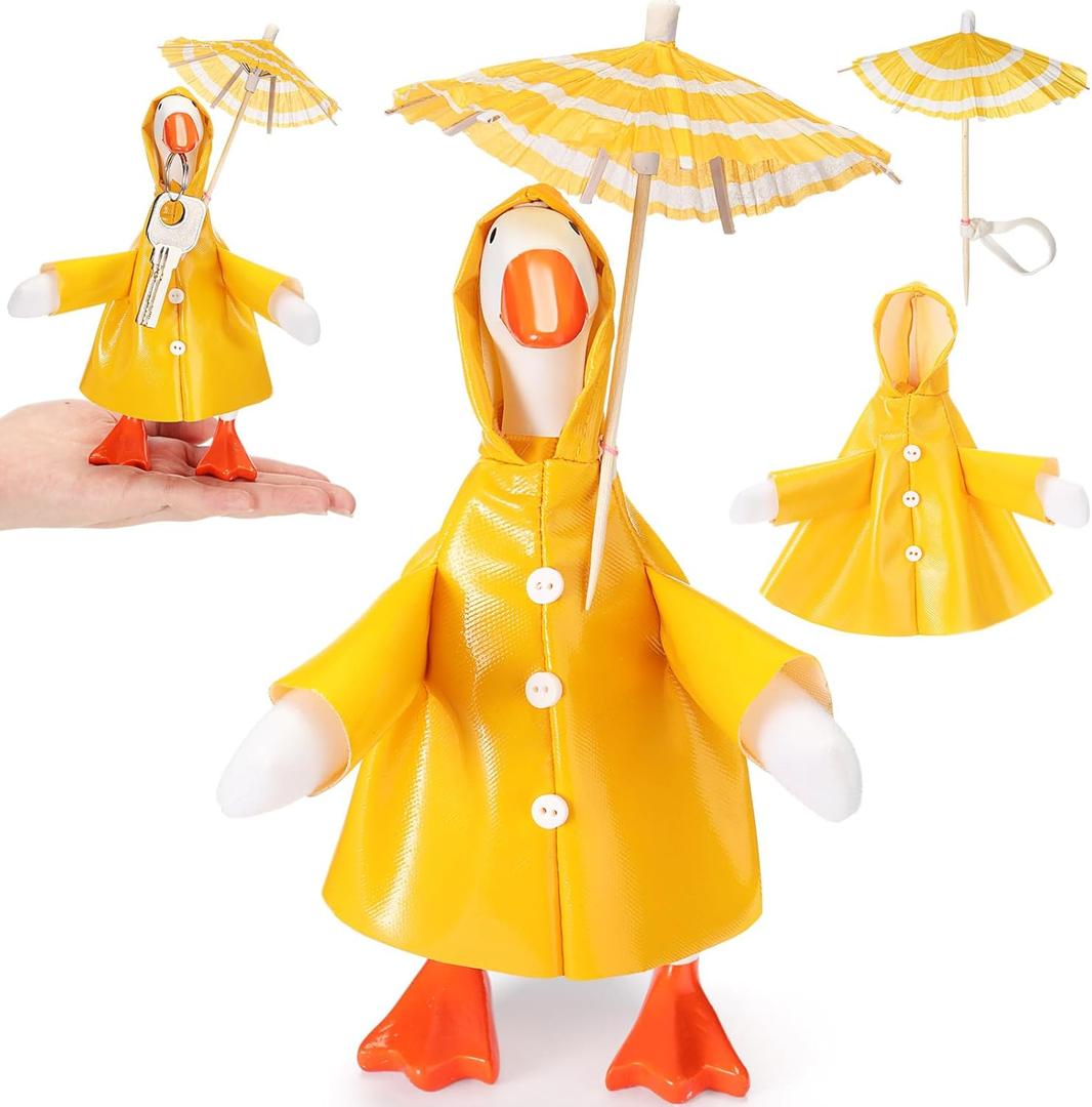 1 Set Spring Desk Goose Raincoat Outfit with Umbrella Mini Desk Goose Rain Coat Costume Mini Geese Raincoat Clothes for Spring 7 Inch Geese Figurine Desktop Home Decoration (Yellow)