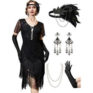 YESSA Flapper Dresses for Women,Short Sleeve 1920s Dresses Great Gatsby Dresses for Women Roaring 20s Costumes Outfits (X-Large, Black)