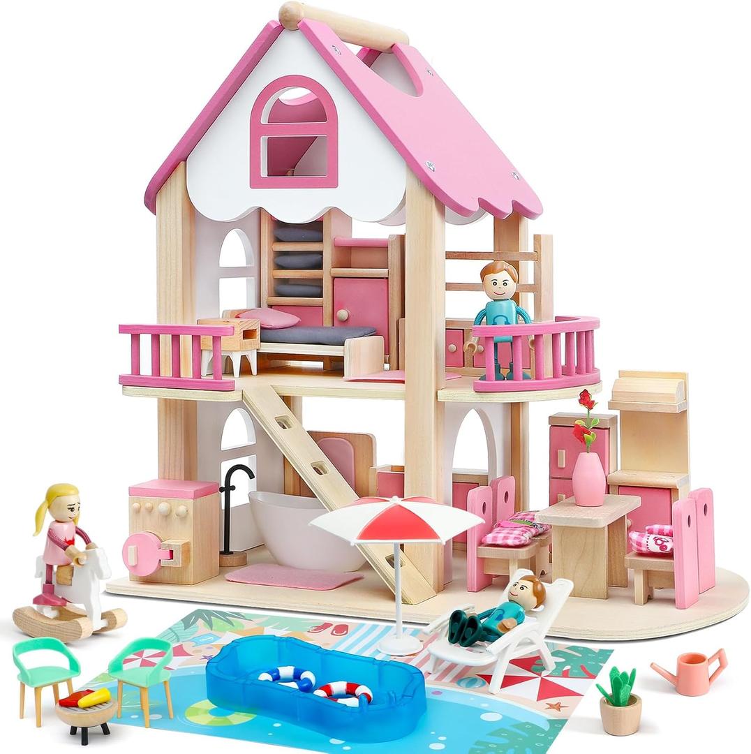 Atoylink Wooden Dollhouse with 42Pcs Miniature Doll House Accessories and Furniture Set, 4 Rooms & Balcony & Swimming Pool & Portable Handle Pretend Play Toys for Kids Girls Birthday Gifts