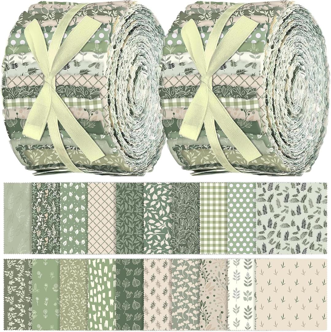 60PCS DIY Precut Quilting Fabric Squares Sage Green Vintage Floral Leaf Pattern Printed, 20PCS of 10x10-in Squares&40PCS of 2.5x39-in Rectangles Patchwork Sewing Craft Pure Cotton Supplies