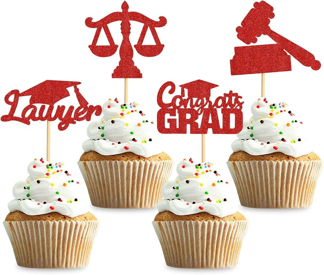 2 x 24PCS 2024 Graduation Lawyer Cupcake Toppers Law School Graduation Theme Party Cake Toppers Picks Case Closed Jurisprudence Lawyer Party Decorations Supplies Red