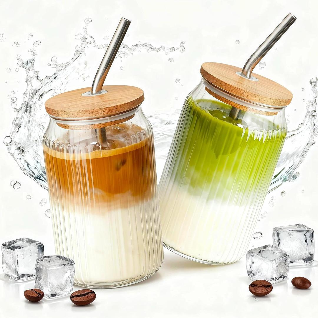 2 Packs Ribbed Glass Tumbler with Lid and Straw 16 oz Vintage Ice Coffee Cup Set Bulk Simple Smoothie Juice Matcha Tea Water Slushie Clear Hot Drink Glasses Travel Mug Modern Kitchen Glassware