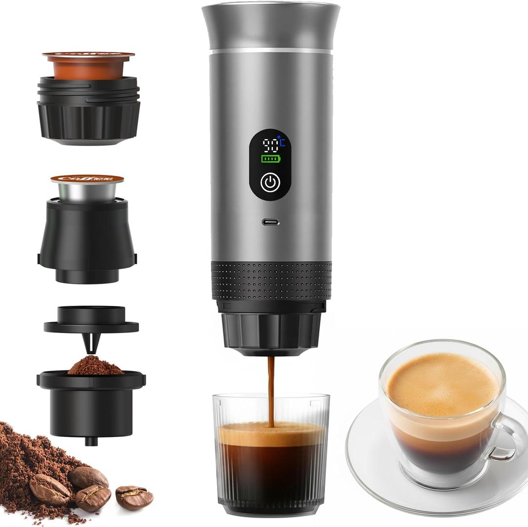 Portable 3-in-1 Espresso Coffee Maker, Self-Heating & Rechargeable with Smart Display  Works with Ground Coffee, Small & Large Capsules; Travel & Camping Mini Machine, 20-Bar Extraction, 80 ml Cup