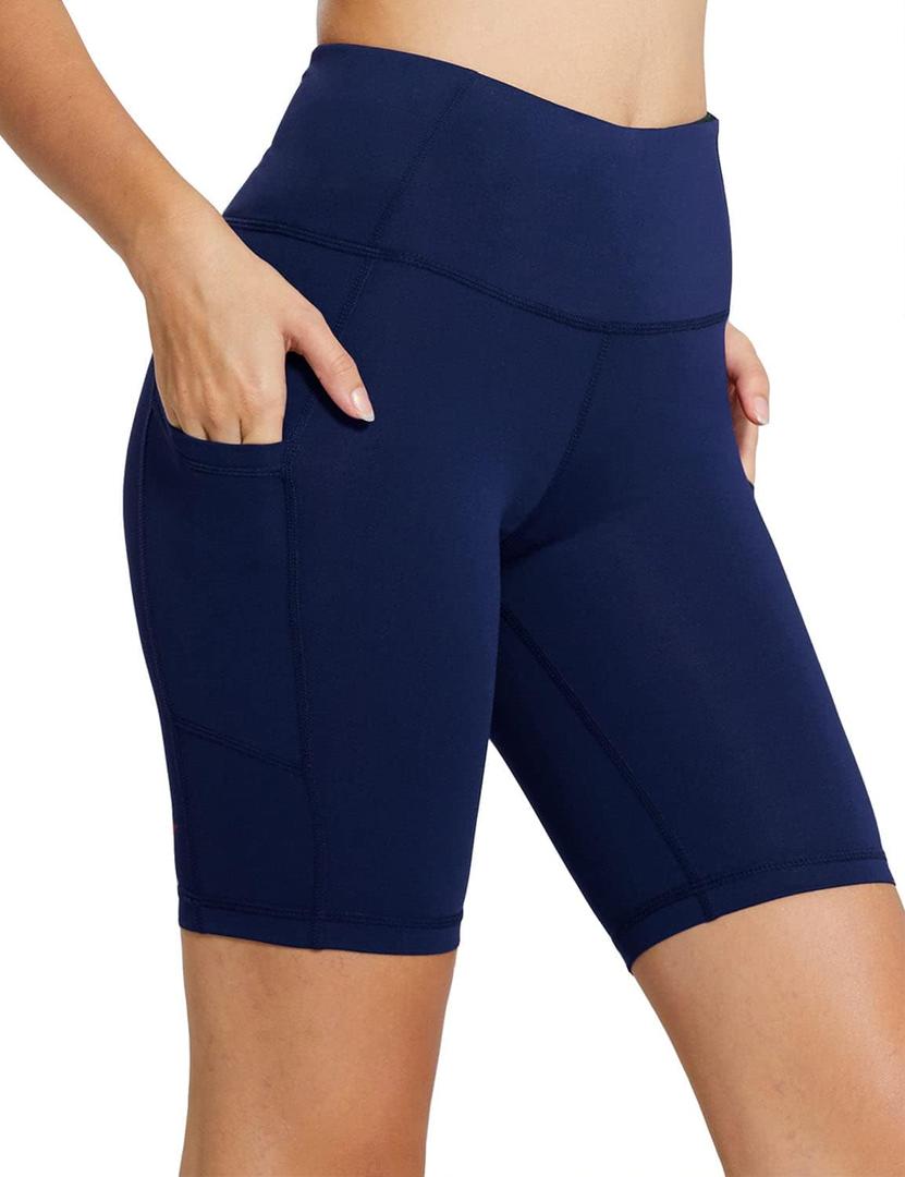 baleaf Women's 8"/ 5"/ 3" Biker Shorts High Waist Yoga Workout Gym Running Volleyball Spandex Shorts with Pockets (Navy Blue-classic) XL