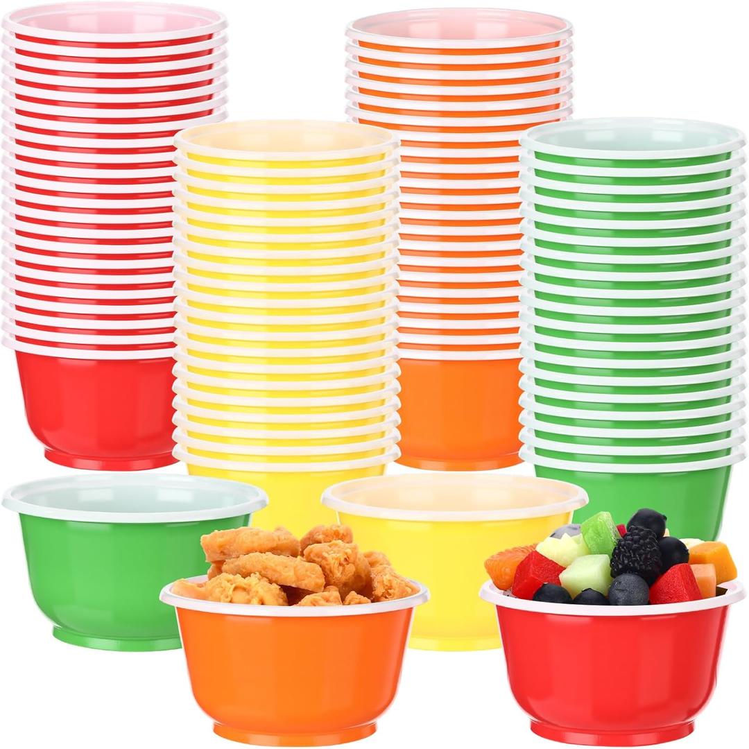 Patelai 100 Pack Snack Cup Bowls 13.5 oz Disposable Plastic Bowls 4 Colors Party Bowl Ice Cream Dessert Fruits Salad Containers for Serving Gathering Event Wedding Party Supplies