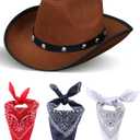 ROC PARTY Western Cowboy & Cowgirl Felt Hat with 3 Pcs Bandanas - Wild West Costume Accessory Set for Halloween & Dress-Up