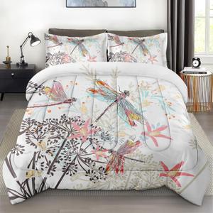 Comforter Set with Pillowcase Twin Size, Dragonfly Pink Flower Bloom, Bed Decor Wild Aesthetic Floral Botanical for Kids and Adults, Soft Cozy Bedroom Bedding Set