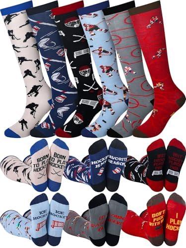 JenPen 6 Pcs Christmas Funny Knee High Socks Hunting Hockey Lovers Unique Gifts Hunter Hockey Accessories for Husband Dad Men