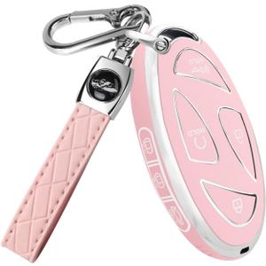 QBUC for Car Key Fob Cover,Soft TPU 360 Degree Car Key Case Protector with Leather Keychain,7 Buttons smart key(Pink)