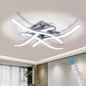 27.5Inch Modern LED Ceiling Light Fixture, 36W Stepless Dimming Curved Wave Ceiling Lamp with Remote for Bedroom, Kitchen, Hallway, Foyer Library Dining Room Silver