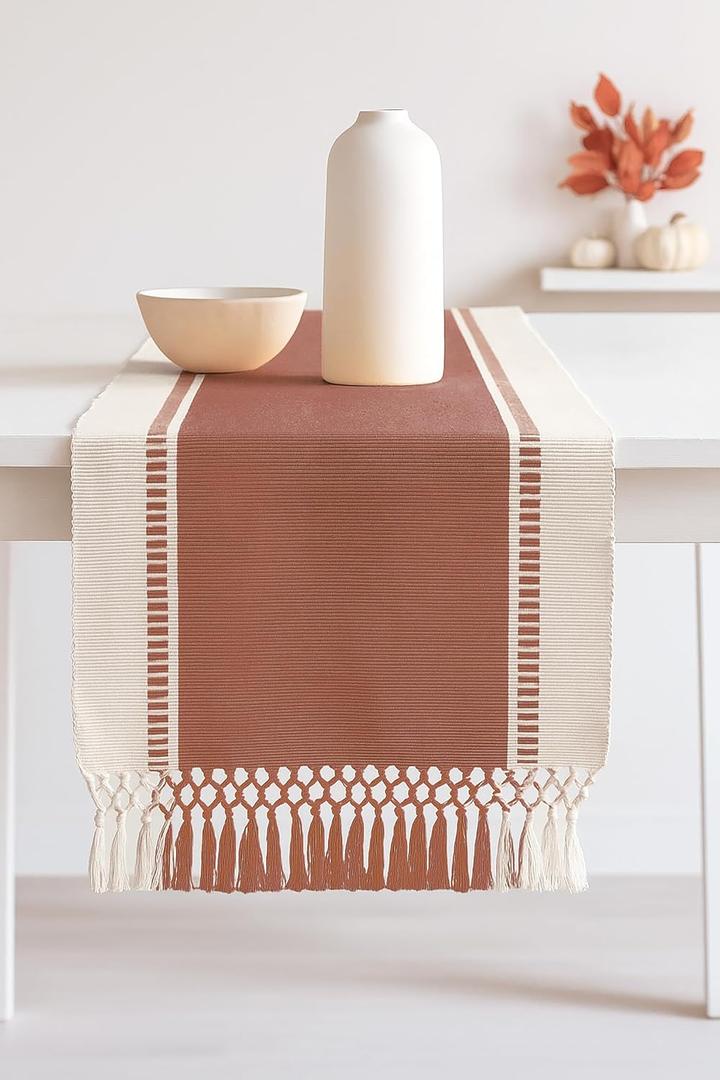 PurpleEssences Rust Table Runner - Wide with Dobby Stripe, Heavy Ribbed Weave & Double Knot Fringes, 14x72 Inch (14x77.5 with Fringes) Boho Farmhouse Decor - Fall Thanksgiving - Rust and H.White
