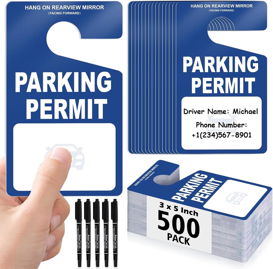 500 PCS Plastic Parking Permit Hang Tags Red Blank Rearview Mirror Placards Thick 18 Mil Waterproof PVC 3x5 Inch Single-Sided Printing with 5 Marker Pens for Temporary Parking Passes (500, Blue)