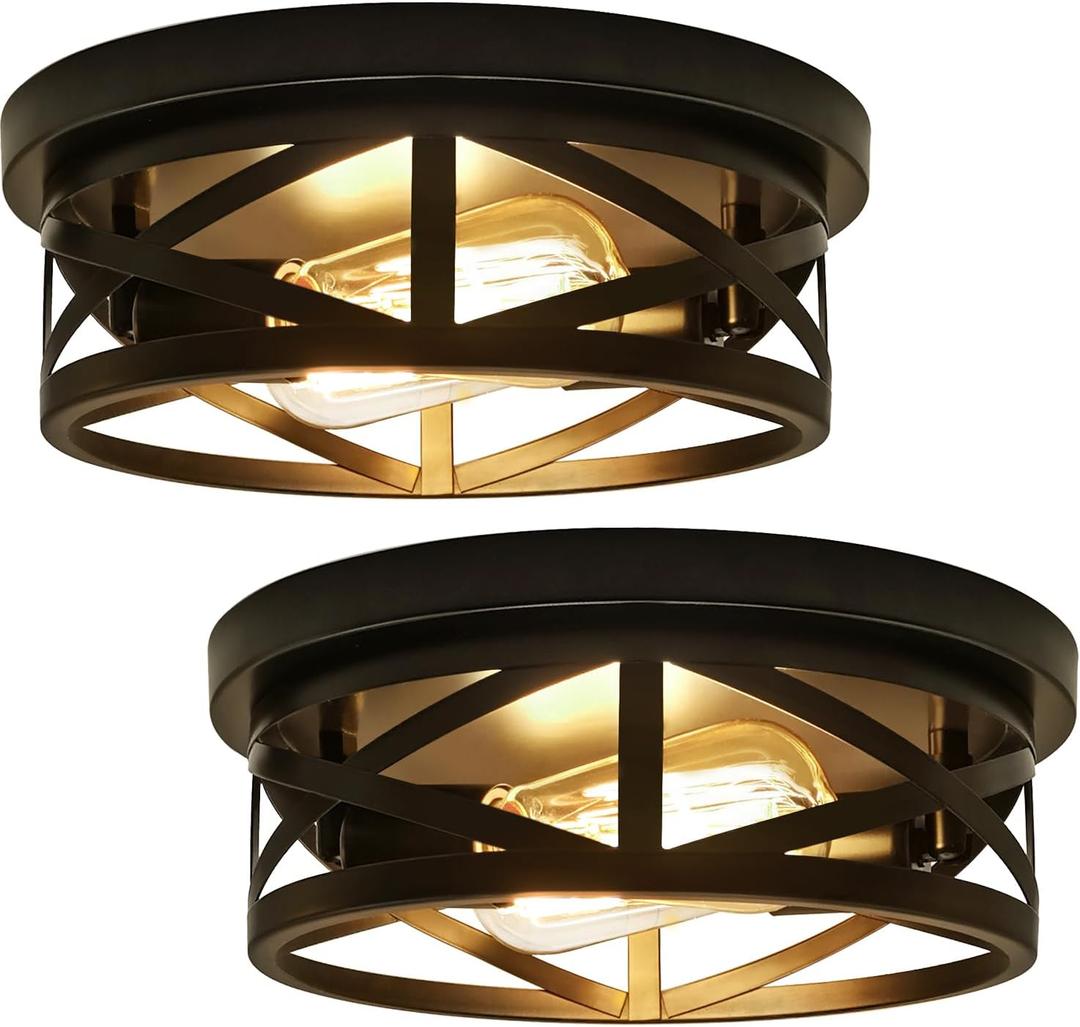 2 Pack Flush Mount Ceiling Light Fixtures, 2-Light Industrial Vintage Matte Black Metal Cage Light Fixtures Ceiling Mount for Farmhouse, Kitchen, Hallway, Entryway, Bedroom