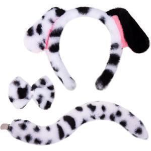 JIALWEN Dalmatian Dog Ears Headband with Tail Bowtie Puppy Animal Costume Set Halloween Party Cosplay Dress Up Accessories for Adults Women