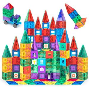 Playmags Magnetic Tiles for Kids 100-Piece Set, STEM Educational Building Blocks Toys for Kids, Includes Click-in ABC Learning Tiles, Gift for Boys & Girls, Add on Magnetic Figures