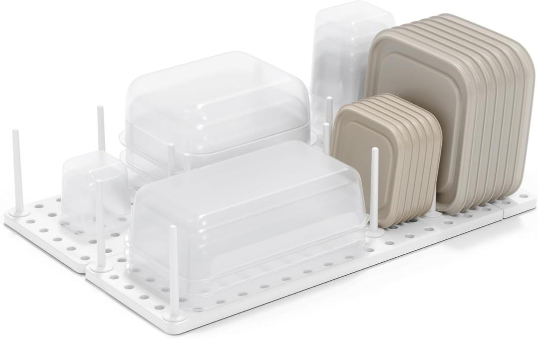 Peggy Kitchen Drawer Cupboard Organizer Tray - Adjustable Storage System For Food Containers, Cookware, Serveware, Utensils and More, White (Medium Set of 2)
