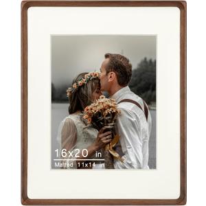 16x20 Picture Frame, Display Photos 11x14 with Mat or 16x20 without Mat, Made of Solid Natural Walnut Wood with Plexiglass Vertical Horizontal Wall Mounted Gallery Poster Frame