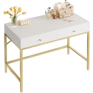SUPERJARE 31.5" White and Gold Desk with 2 Drawers, Modern Vanity Desk, Small Makeup Table for Home Office Writing Study Bedroom